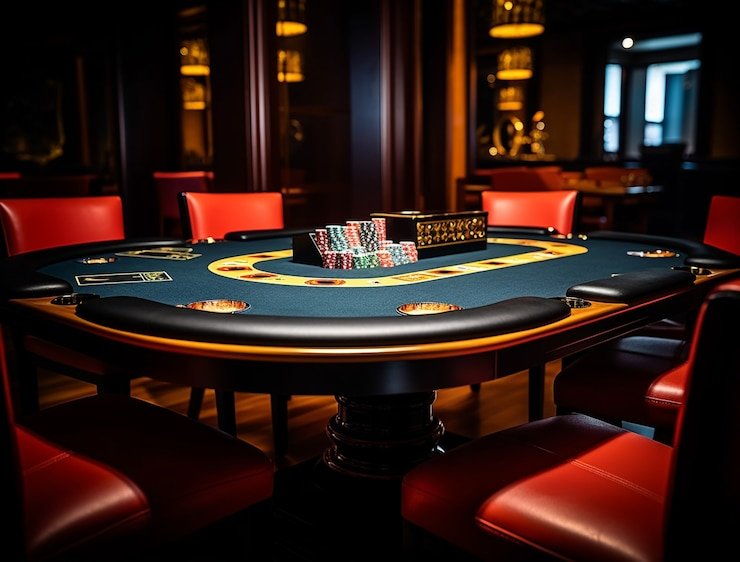 Baccarat card table at sins slot with card shoe and betting layouts
